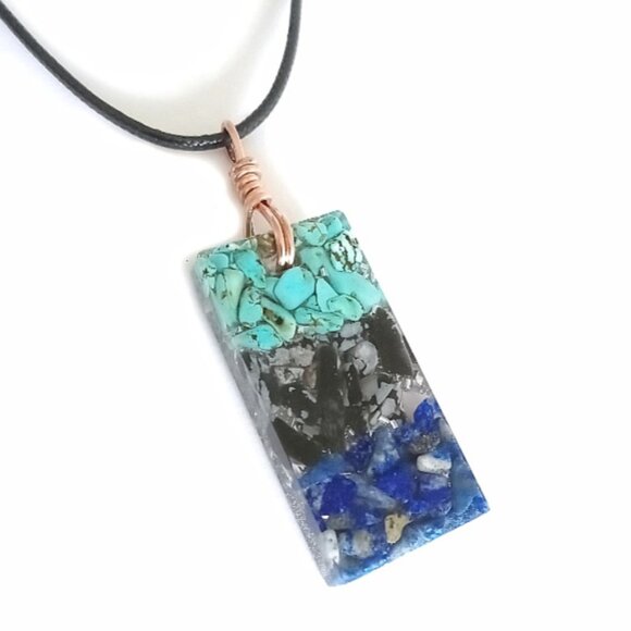 Genuine turquoise lapis snow obsidian organite pendant on black cord necklace - Picture 1 of 5